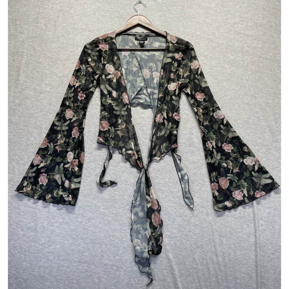 Thorn & Fable Crop Shrug Top Womens M Multicolor Floral Fairy Print Bell Sleeve